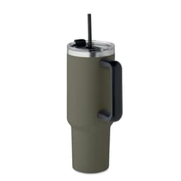 A drink bottle in olive green with a black handle and a clear lid featuring a straw. It has a logo.