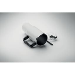 A drink bottle in silver and black with a handle, featuring a removable lid and straw. It has a logo on the side.