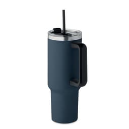 A drink bottle in navy blue with a black handle and a clear lid, featuring a built-in straw.
