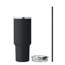 A drink bottle in matte black with a stainless steel lid and a straw, featuring a sleek design and a logo.