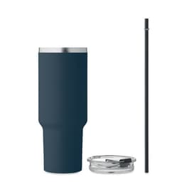 A drink bottle in navy blue with a stainless steel lid, a clear straw, and a black straw included.