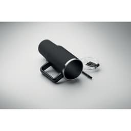 A drink bottle featuring a sleek black design with a silver rim and a handle, accompanied by a clear lid and straw.