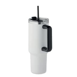 A drink bottle in white with a black handle and a straw, featuring a clear lid.