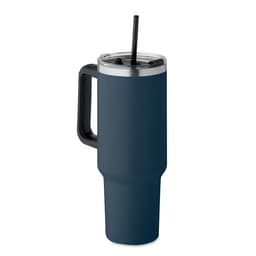 A drink bottle in navy blue with a black handle and a clear lid featuring a straw.