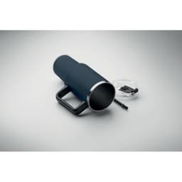 A drink bottle in dark blue with a metal base and a detachable lid, featuring a handle and a straw.