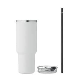 A drink bottle in white with a silver lid and a black straw. It includes a clear lid with a sliding opening.
