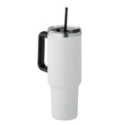 A drink bottle in white with a black handle and straw, featuring a sleek design and a transparent lid.