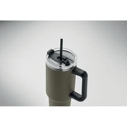 A drink bottle in olive green with a black handle and a clear lid featuring a straw. It has a logo on the side.