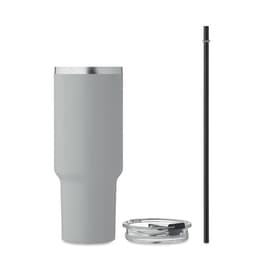 A drink bottle in grey with a silver rim, accompanied by a black straw and a clear lid.