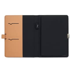 A notebook cover featuring a black interior with a tan section, including pockets for cards and a pen holder.