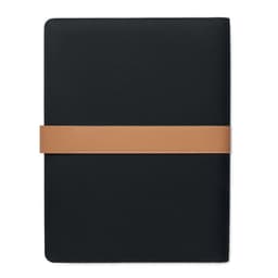 A black folder with a beige elastic band. The folder has a sleek design and features a logo.