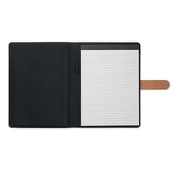 A black folder with a leather strap, featuring an open notepad with lined pages and three card slots.
