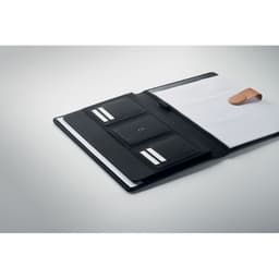 A black folder with card slots, a notepad, and a strap closure. It features a logo on the inside.