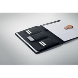 A black portfolio binder featuring card slots, a notepad, and a phone compartment with a leather strap.