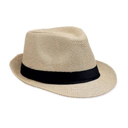 A straw fedora hat featuring a black band around the base. The hat is light beige in colour.