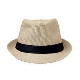 A straw fedora hat in beige with a black band around the base. It features a classic shape and textured design.