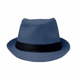 A blue fedora hat with a black band. The hat features a textured weave design.