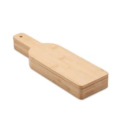 A bamboo wine bottle holder with a flat, paddle-shaped design and a handle. It features a smooth, natural finish.