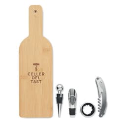 A bamboo wine bottle-shaped board with a corkscrew, pourer, stopper, and a wine opener. The board features a logo.