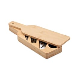A bamboo wine bottle-shaped set containing wine tools, including a corkscrew and bottle opener, with a matching lid.