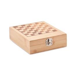 A chess set box made of light wood with a chessboard design on the lid, featuring a metal latch.