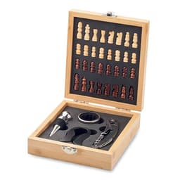 A wooden box containing chess piece bottle stoppers, a corkscrew, and a wine pourer in a velvet-lined interior.