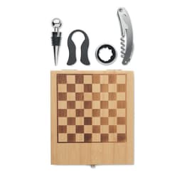 A bamboo chess set with a checkerboard design, a corkscrew, a bottle stopper, and a bottle opener.