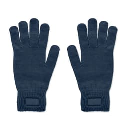 A pair of dark navy blue gloves with a textured knit pattern and ribbed cuffs, featuring a small logo on one glove.