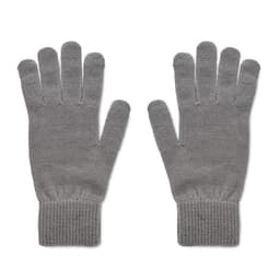 A pair of grey gloves with a ribbed cuff. The gloves are knitted and feature finger openings.