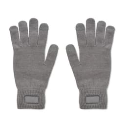 A pair of grey knitted gloves with a ribbed cuff and a logo on the wrist area.