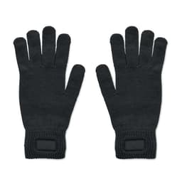 A pair of black knitted gloves with a ribbed cuff, featuring an area for a logo or branding.