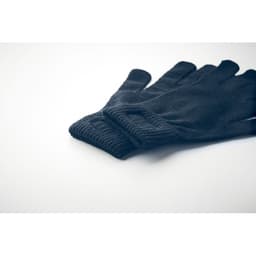 A pair of black gloves laid flat on a white surface, featuring a knit texture.