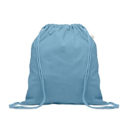 A drawstring backpack in a light blue colour with matching straps and a simple design. It features a logo.