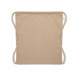 A beige drawstring bag with textured fabric and two braided handles on each side.