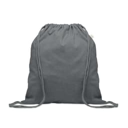 A drawstring backpack in a solid grey colour, made from fabric with cord straps. It features a logo tag.
