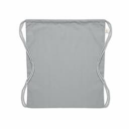 A grey promotional bag with rope handles, featuring a simple design and stitched elements.