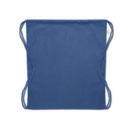A drawstring bag in a solid navy blue colour with curved edges and cord straps. It has a small branding label.