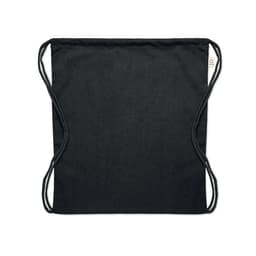 A drawstring bag in black with cord closures and a simple design. It features a logo on one side.