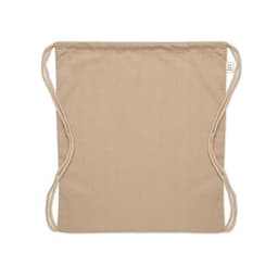 A beige drawstring bag with two rope handles, featuring a logo tag on one side.