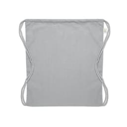 A grey fabric bag with cord handles and a label, featuring a simple, minimalist design.