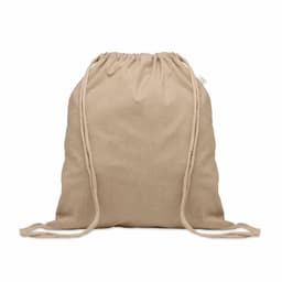 A drawstring backpack in a beige colour, featuring a textured surface and rope handles. It has a simple design.