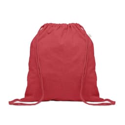 A drawstring bag in vibrant red with matching drawstrings and a simple design. It features a logo.