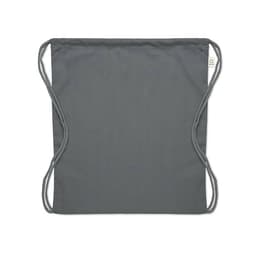 A drawstring bag in a solid dark grey colour with two cord handles. The bag features a logo on the side.