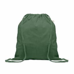 A drawstring bag in a deep green colour, featuring matching drawstrings and a simple design.