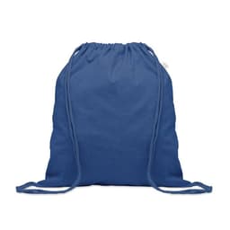 A drawstring backpack in a solid navy blue colour, featuring matching drawstrings and a simple design.