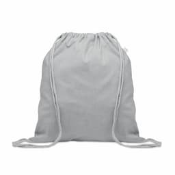 A grey drawstring bag with a simple design and matching drawstrings. It has a logo on one side.