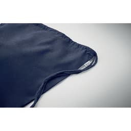 A drawstring bag in dark navy blue with a textured surface and a corded closure. It features a small logo.