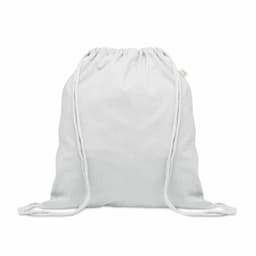 A drawstring bag in a plain white colour, featuring two drawstrings for closure and carrying.