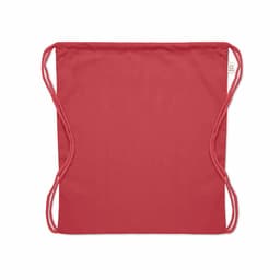 A drawstring bag in a rich red colour with adjustable straps on the sides and a simple design.