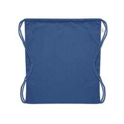 A drawstring bag in a dark blue colour with matching cords and a small logo.